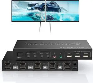 KVM Switch 4 Computers 2 Monitors HDMI 4 Port, Supports EDID, HDMI 4K 60Hz Monitor Switch for 4 PC 2 Monitors with Audio Microphone Output and 3 USB Ports, PC Monitor Keyboard Mouse Switcher for 4 PCs