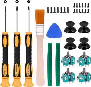 4pcs Replacement Thumbsticks Joysticks Repair Replacement Parts Plating Workmanship T6 T8 T10 Screwdriver Repair Kit with Full Repair Tool Set.