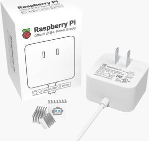 Genuine Raspberry Pi 4B Power Supply Adapter with 3PCS KidsRobot Heatsink, Latest Designed for Pi 4 Model B USB-C 5.1V 3A, White, US Plug