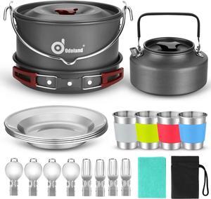 Odoland 22pcs Camping Cookware Mess Kit Large Size Hanging Pot Pan Kettle with Base Cook Set for 4 Cups Dishes Forks Spoons Kit for Outdoor Camping Hiking and Picnic