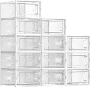 SONGMICS Shoe Boxes, Pack of 12 Shoe Storage Organizers, Stackable Clear Plastic Boxes for Closet, Fit up to US Size 11, Transparent and White ULSP12SWT