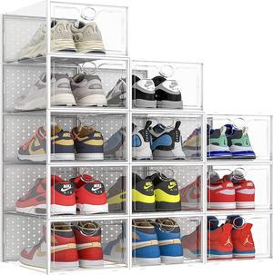Extra Large Shoe Storage Box Clear Plastic Stackable Shoe Organizer for Closet 12 Pack Shoe Containers Sneaker Storage Fit for Size 14
