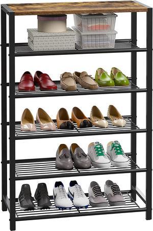 Yusong Shoe Rack 6 Tier Shoe Organizer Storage for Closet Entryway Narrow Tall Metal Shoe Shelves with Industrial Wooden Top Rustic Brown and Black