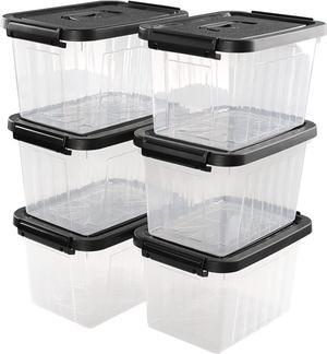 Rinboat 6 L Plastic Clear Storage Bin Box with Black Lid and Black Handles, Pack of 6