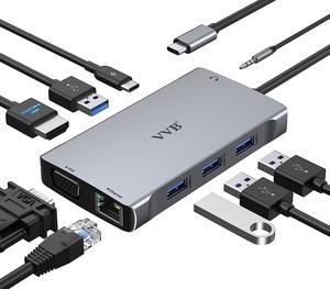 USB C Hub Multiport Adapter, 9 in 1 USB Type C Hub, USB-C Dongle to 4K HDMI, VGA, Ethernet, 100W PD, 3 USB 3.0 Ports and Audio&Mic, USBC Hub Dock for MacBook Pro/Air, Dell XPS, HP, Surface