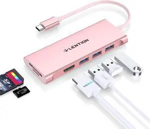 LENTION USB C Hub with 4K HDMI, 3 USB 3.0, SD/Micro SD 3.0 Card Reader, Compatible 2023-2016 MacBook Pro, New Mac Air/Surface, Chromebook, iPhone15 or More, Stable Driver Adapter (C34, Rose Gold)