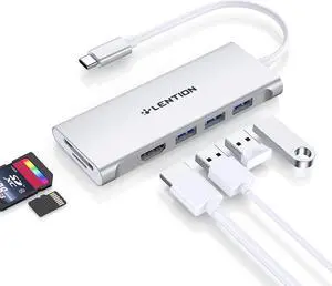 LENTION USB C Hub with 4K HDMI, 3 USB 3.0, SD 3.0 Card Reader Compatible 2023-2016 MacBook Pro 13/15/16, New Mac Air/iPad Pro/Surface, More, Multiport Stable Driver Dongle Adapter (CB-C34, Silver)