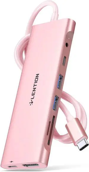 LENTION 3.3FT Long Cable USB C Hub, Multiport Adapter with 4K HDMI, USB 3.0, USB C Data Port, Card Reader, Aux,100W PD for New MacBook Pro/Mac Air, iPhone 15 Pro/Max, More (CB-C37, Rose Gold)