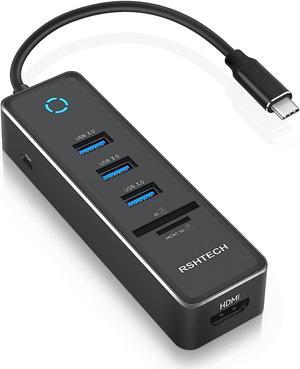 USB C Hub, RSHTECH USB C Dongle Adapter with 4K HDMI, 3 USB 3.0 Data Port, 100W Power Delivery, SD/TF Card Reader, Aluminum USB-C/Thunderbolt 3 Hub Dock for PC and Laptop, RSH-T16
