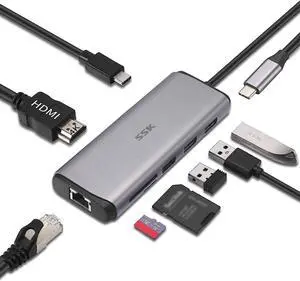 SSK USB C Hub, 8-in-1 Type C Multiport Hub to HDMI Adapter with RJ45 Ethernet, 4K60Hz HDMI, PD3.0 Powered, 3 USBs, SD/TF Card Reader USB C Dock for MacBook/Pro/Air and More