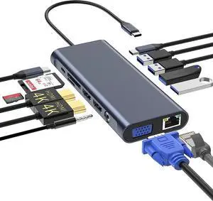 USB C Docking Station Hub (13 -in-1) with 2 X 4K HDMI, Ethernet, VGA,Audio, USB3.0 TF/SD Dongle Docking Station Compatible for MacBook iPad Pro Dell Hp Lenovo