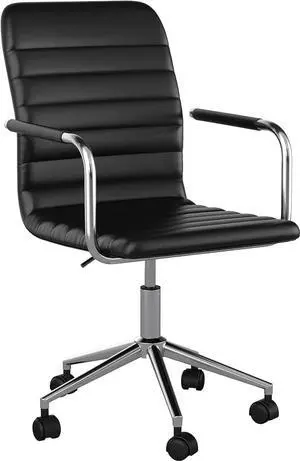 Martha Stewart Taytum Swivel Task Chair with Armrests for Home Office in Black Faux Leather with Polished Nickel Frame