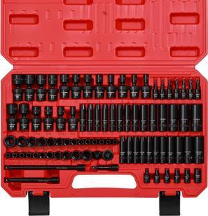 CASOMAN 1/4 Inch Drive Master Impact Socket Set with Adapters, U-Joint, Extensions & Torx Socket, 86-Piece, 6-Point, SAE/Metric, Standard/Deep, CR-V