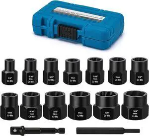 MIXPOWER 13-Piece 3/8-inch Impact Bolt & Nut Remover Set, Nut Extractor Socket, Bolt Remover Tool Set with Hex Adapter, Metric and SAE