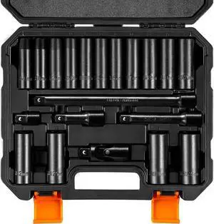 BOEN 1/2" Drive Metric Deep Impact Socket Set, 20 Piece Cr-V Steel Metric Socket Set 10mm-24mm, Includes Extension Bars, Universal Joint and Adapter, 6 Point Design, Meets ANSI Standards