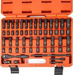 NEIKO 02437A 1/4 Drive Impact Socket Set 54 Piece Metric & Standard, Deep & Shallow Chrome Vanadium Steel 3/8 to 1/4 Reducer Hex Shank Adapter, Metric and Standard, Deep Socket Set