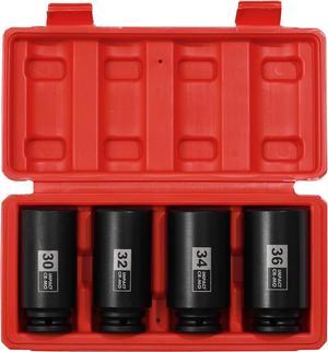 EMENTOL 4PCS 1/2" Drive Deep Impact Socket Set, CR-MO, 12 Point, Metric, Deep Spindle Axle Nut Impact Socket Set-30mm, 32mm, 34mm, 36mm