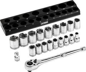 ARES 47005-21-Piece 1/2-inch Drive Metric Socket and 90-Tooth Ratchet Set with Magnetic Organizer - Sizes 10mm to 27mm Sockets