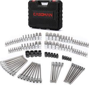 CASOMAN 107 Pieces Bit Socket Set, 1/4", 3/8" and 1/2" Drive, Torx/Extra Long Torx/Tamper Proof Torx/Hex/Ball End Hex, SAE/Metric, S2 Steel Bits