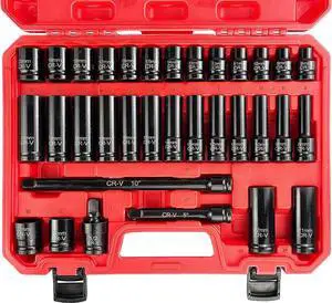 EACELIY 33-Piece 1/2" Drive Impact Socket Set, (9-22mm), Metric Socket Set, Cr-V Steel, 6 Point Deep & Shallow Sockets, with 5", 10" Extension Bars, Universal Joint