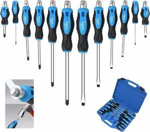 12-Piece Magnetic Screwdriver Set Heavy Duty Screwdriver Set Go-Thru Steel Blades High Torque 6 Phillips & 6 Flat Head Tips Screwdrivers Set with Case