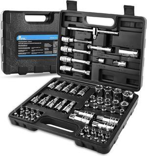 PTSTEL 53PCS Torx Bit Socket Set,Female E-Torx Sockets Set,Star Sockets 1/4, 3/8, 1/2 Inch Drive with Adapter,Socket Extension Bar,Sliding T-handle Wrench For Hand Use Work with Storage Case