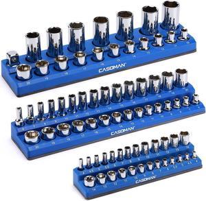 CASOMAN Magnetic Socket Organizer, 3 Piece Socket Holder Kit, 1/2-inch, 3/8-inch, 1/4-inch Drive, Holds 75 Metric Sockets, Blue Color, Professional Quality Tools Organizer, Socket Not Included