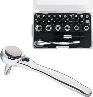 SHARDEN 1/4 Mini Ratchet Set 28pcs Right Angle Screwdriver and Bit with Metric Socket Set, 72 Tooth Small Ratcheting Wrench Offset Screwdriver Low Profile Stubby Ratchet for Tight Spaces