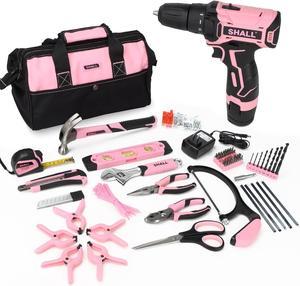 SHALL 222-Piece Pink Drill Driver and Home Tool Set, 12V Electric Drill Combo Kit, 3/8" Keyless Chuck, 12" Wide Mouth Open Tool Bag, for Drilling Wood/Metal, Women DIY Projects