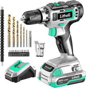 Litheli Cordless Drill Driver, 20V Max Power Drill Cordless Set, 3/8 Keyless Chuck, 18+1 Torque Settings, Variable Speed, 2.0 Ah Battery and 1 Hour Fast Charger Included