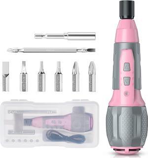 WORKPRO Pink Electric Cordless Screwdriver Set, 4V USB Rechargeable Screwdriver Kit with LED Light, Small Screwdriver with 7pcs Screwdriver Bits and case, Perfect for Home, Office, Apartment Repairs