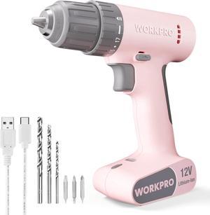 WORKPRO 12V Cordless Pink Drill Set, Electric Drill Kit with 3/8-Inch Keyless Chuck, 6 Pcs Bits, Variable Speed, 18 Touque Setting, Type-C Charge Cable, Led Light