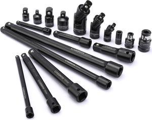 CASOMAN 18-Piece Drive Tool Accessory Set, Premium CR-V with Black Phosphate Finish - includes Socket Adapters, Extensions and Universal Joints and Impact Coupler, Professional Socket Accessories