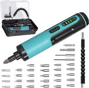 Electric Screwdriver 4V Rechargeable Adjustable Torque Cordless Screwdriver Gun with 33 Magnetic Bits Set (2 Drill Bits included) Dual Flashlights Carrying Box Type C Cable