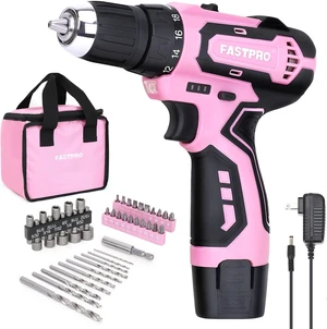 FASTPRO 42-Piece 12V Pink Drill kit, Lithium-ion Cordless Drill Driver, 3/8 in. Drill Driver Set with One 1.5 Ah Batteries, Charger and Tool Bag FASTPRO 42-Piece 12V Pink Drill kit, Lithium-ion Cordless Drill Driver, 3/8 in. Drill Driver Set with One 1.5 Ah Batteries, Charger and Tool Bag