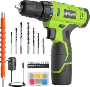 Cordless Drill Set 12V Power Drill Set with Battery and Charger Electric Driver/Drill Bits 3/8 Keyless Chuck 21+1 Torque Setting 180 inch-lbs with LED Electric Drill Set (Green)