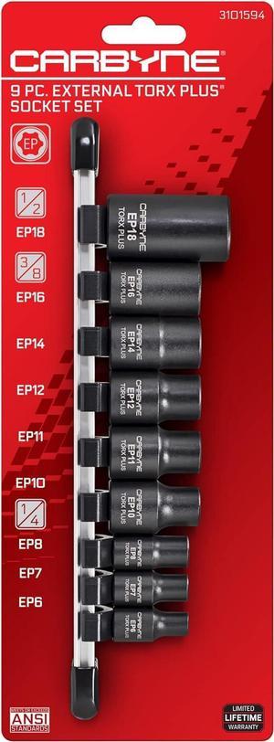 CARBYNE External Torx Plus (eTorx Plus, aka 6 Lobe, Female Torx Plus) Socket Set - 9 Piece, E6 to E18 | CrV Steel, 1/4, 3/8, & 1/2 inch Drive  From a Family-Run Tool Company Based in the U.S.A.