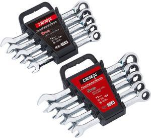 DISEN 10Pcs Ratcheting Wrench Set SAE & Metric Ratchet Wrench Set with Rack Organizer, Premium CR-v Steel, 12 Point, 72 Teeth,Box End and Open End Ratcheting Wrench Set