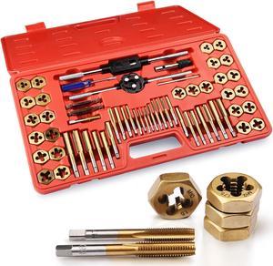 KPKL 60 PC Tap and Die Settitanium layer/Hexagonal Plate Teeth- Include SAE Inch Size #4 to 1/2 and Metric Size M3 to M12, Coarse and Fine Threads | Essential Threading Rethreading Tool Kit