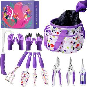 Floral Purple Garden Tool Set Gardening Gifts for Women,Garden Pruning Shears Set,Heavy Duty Gardening Tools Kit,Storage Tote Bucket Bag Organizer,Birthday Gifts for Her