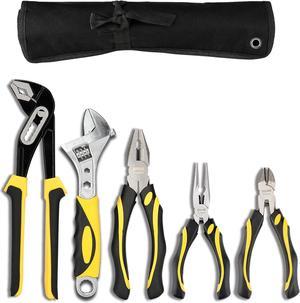 DOWELL Pliers Set 5-Pieces 10-Inch Groove Joint Pliers 8-Inch Adjustable Wrench Combination Pliers 6-inch Long Nose Diagonal Cutting Pliers Maintenance Tool Kit with Tool Pouch