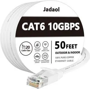 Jadaol Cat 6 Ethernet Cable 50 ft, Outdoor&Indoor 10Gbps Support Cat8 Cat7 Network, Flat Fast Speed RJ45 Internet LAN Computer Solid Patch Cord with Clips for Router, Modem, PS4/5, Xbox, Gaming, White
