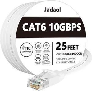 Cat 6 Ethernet Cable 25 ft, Outdoor&Indoor 10Gbps Support Cat8 Cat7 Network, Flat Internet RJ45 LAN Patch Cords, Cat6 Fast Speed Computer Wire with Clips for Router, Modem, PS4/5, Xbox, Gaming, White