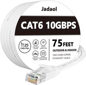 Cat 6 Ethernet Cable 75 ft, Outdoor&Indoor 10Gbps Support Cat8 Cat7 Network, Flat Internet RJ45 LAN Patch Cords, Solid High Speed Computer Wire with Clips for Router, Modem, PS4/5, Xbox, Gaming, White