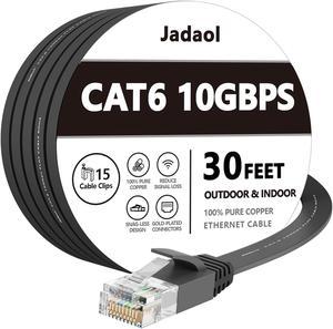 Cat 6 Ethernet Cable 30 ft, Outdoor&Indoor 10Gbps Support Cat8 Cat7 Network, Flat Internet RJ45 LAN Patch Cords, Solid High Speed Computer Wire with Clips for Router, Modem, PS4/5, Xbox, Gaming, Black