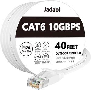 Cat 6 Ethernet Cable 40 ft, Outdoor&Indoor 10Gbps Support Cat8 Cat7 Network, Flat Internet RJ45 LAN Patch Cords, Solid High Speed Computer Wire with Clips for Router, Modem, PS4/5, Xbox, Gaming, White