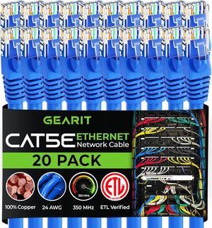 GearIT 20-Pack, Cat5e Ethernet Patch Cable 5 Feet - Snagless RJ45 Computer LAN Network Cord, Blue