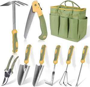 Garden Tool Set, WisaKey 9 Piece Stainless Steel Heavy Duty Green Gardening Tools with Non-Slip Ergonomic Handle, Durable Garden Tool Bag, Ideal Gardening Hand Tools, Gardening Gifts for Women and Men