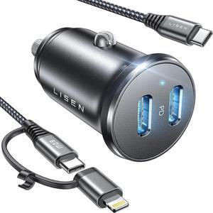 iPhone Car Charger for iPhone 15 60W Dual USBC Car Charger iPhone Metal Apple Car Charger Mini Car Phone Charger with Type C to Type C/Lightning Cord for iPhone 15 Pro Max 14  Galaxy S23