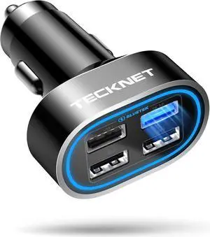 TECKNET USB Car Charger, 54W 4-Port Car USB Charger Multi Port Adapter, QC 3.0 Port Cigarette Lighter Charger, Fast Charging Adapter, Compatible with iPhone 15 Pro Max/15 Plus/15/14/13 Galaxy